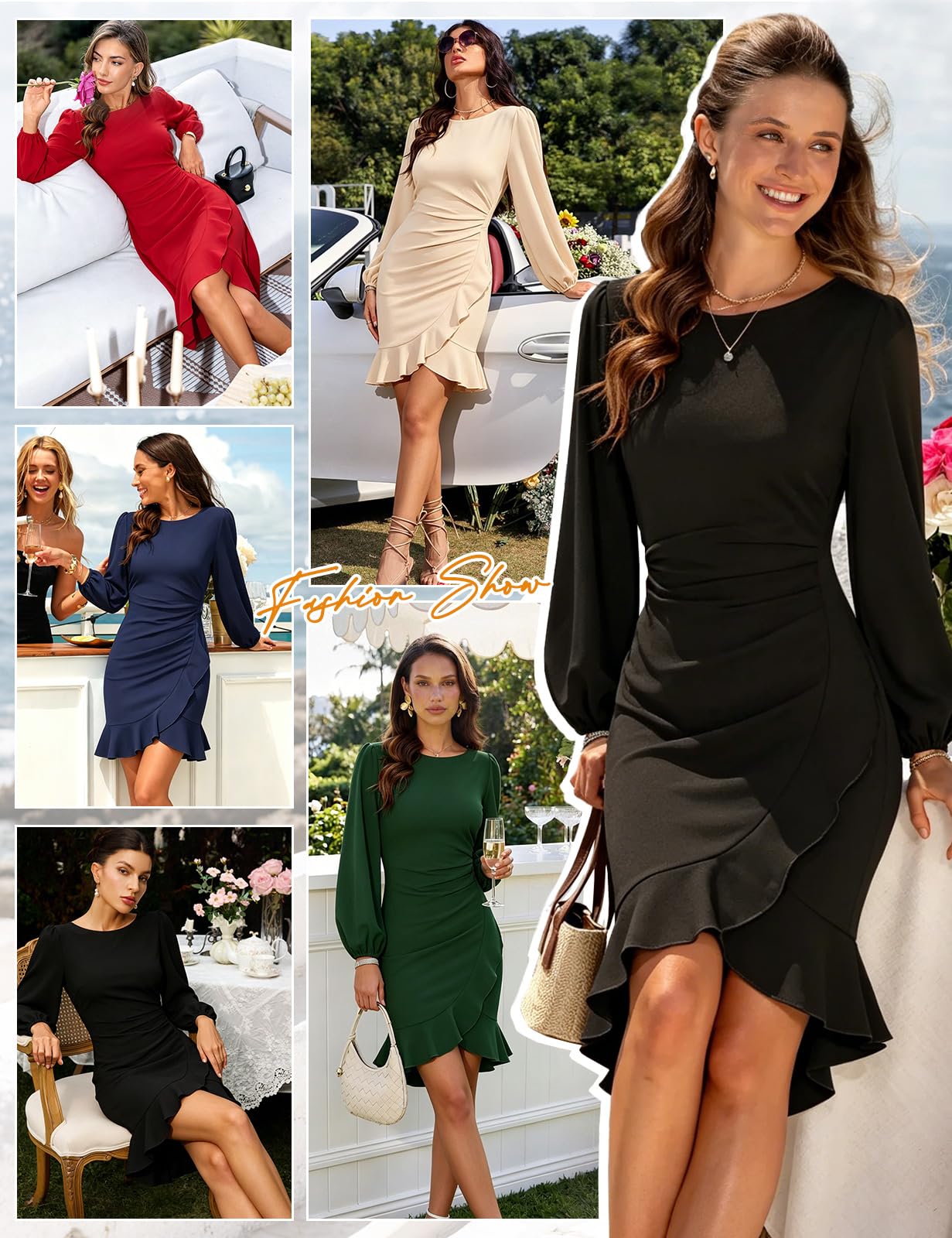 Damen Kleid Elegant Cocktailkleid Langarm Partykleid Bodycon Herbstrock Rüschen Puffärmel Kurz Kleider für Festlich Hochzeit