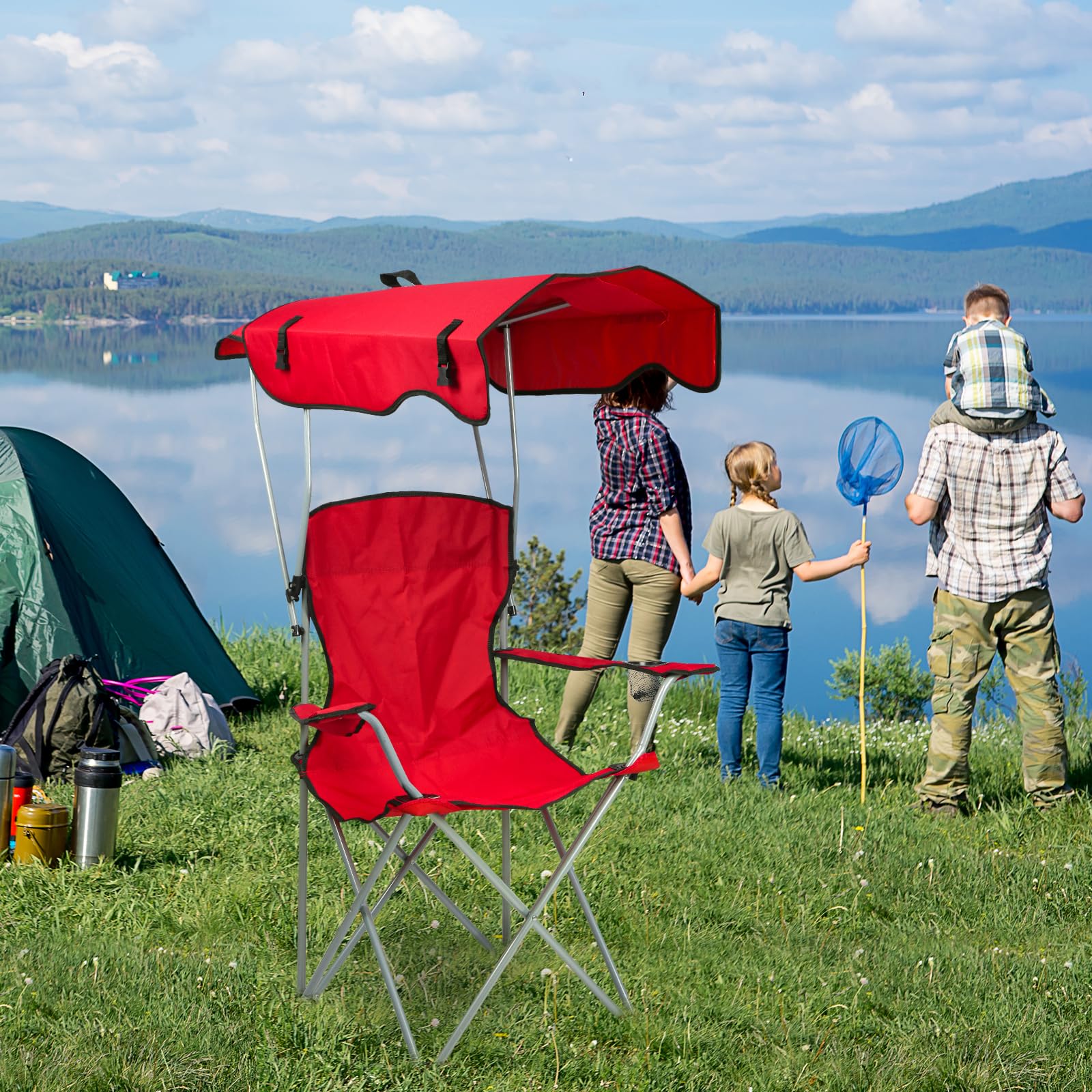 Kedia Chaise de Camping Pliante avec Toit Parasol, Porte-Boisson, Chaise de Pêche pour Camping Pêche Excursion Plage (Rouge)