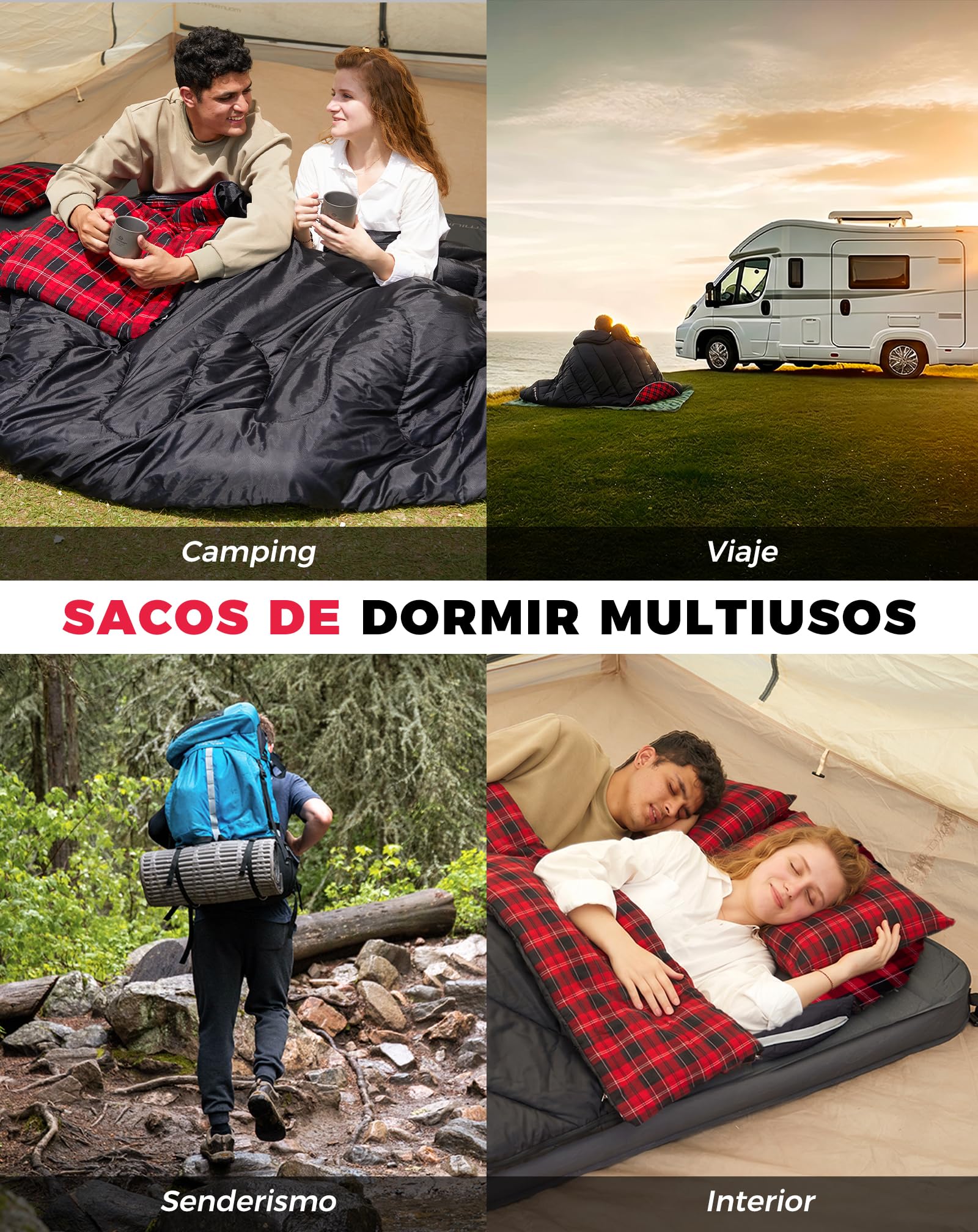 KingCamp Saco de Dormir Doble de Franela de algodón para 2 Personas - Abrigado para Invierno, 3-4 Estaciones, Incluye 2 Almohadas - Ideal para Camping, Viajes y Actividades al Aire Libre