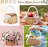 Vista 6 de Thyle 4 cestas para niña de las flores con asa, 7.87 x 4.33 pulgadas, ratán de mimbre, ligeras, marrón (hilo de cola de pez, perlas)