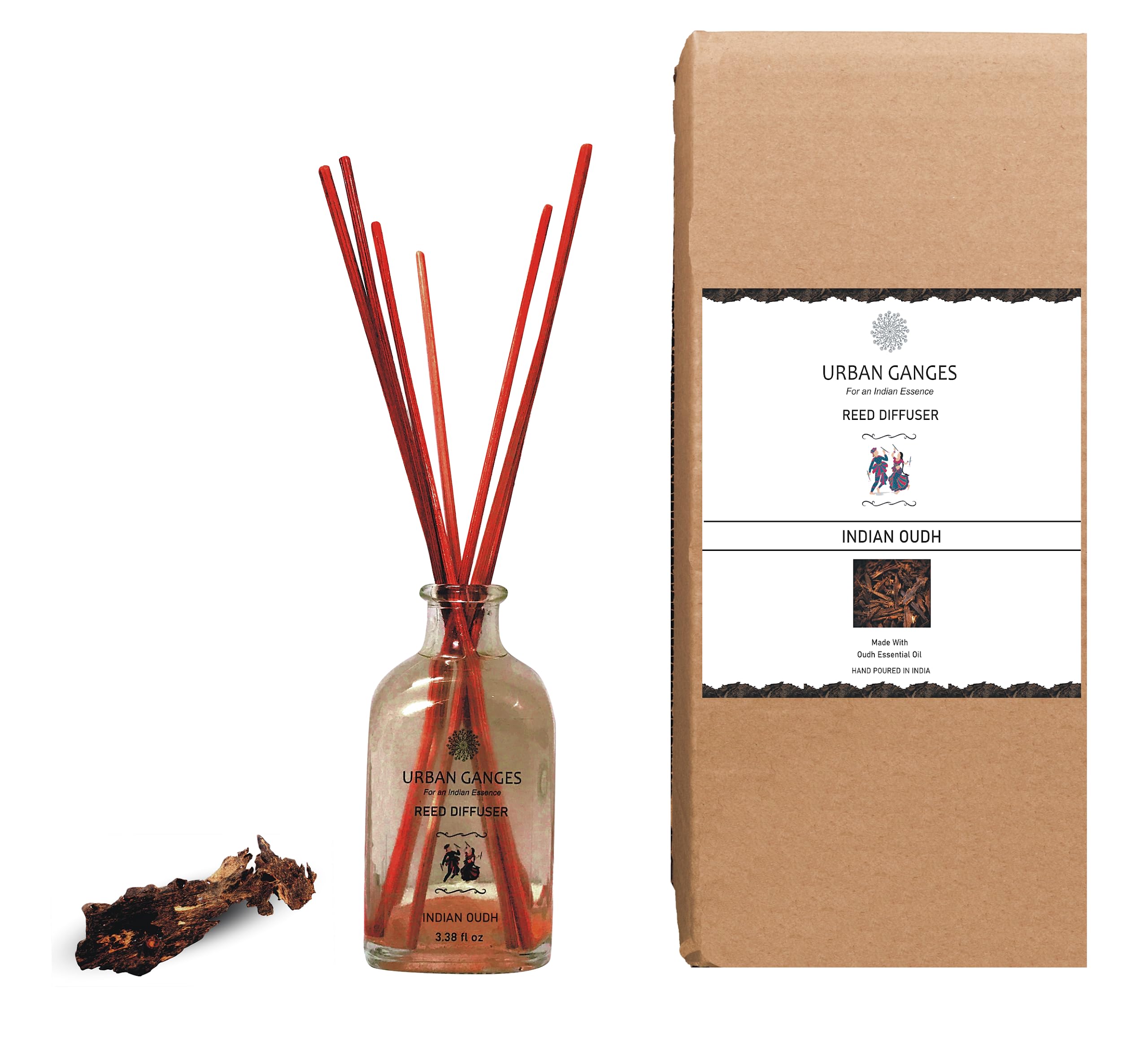 Urban Ganges Reed Diffuser | Indian Oud | Made with Oud Essential Oil | Luxurious Reed Diffuser | Handpoured in India | 3.38 fl oz | Includes Fibre Reed Sticks
