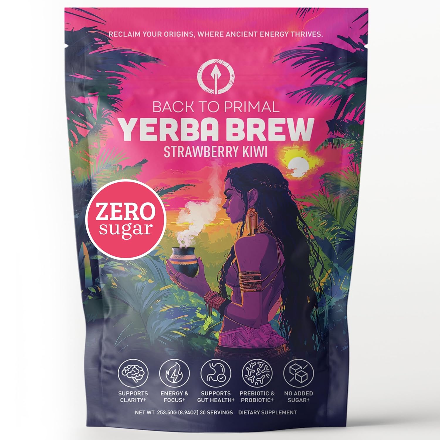 Yerba Mate Instant Tea Powder - Strawberry Kiwi, 4-in-1 Functional Blend, Supports Energy, Focus and Gut Health - Nootropic, Prebiotic & Probiotic Mix with Vitamin B3, B6 & B12 | 30 Servings