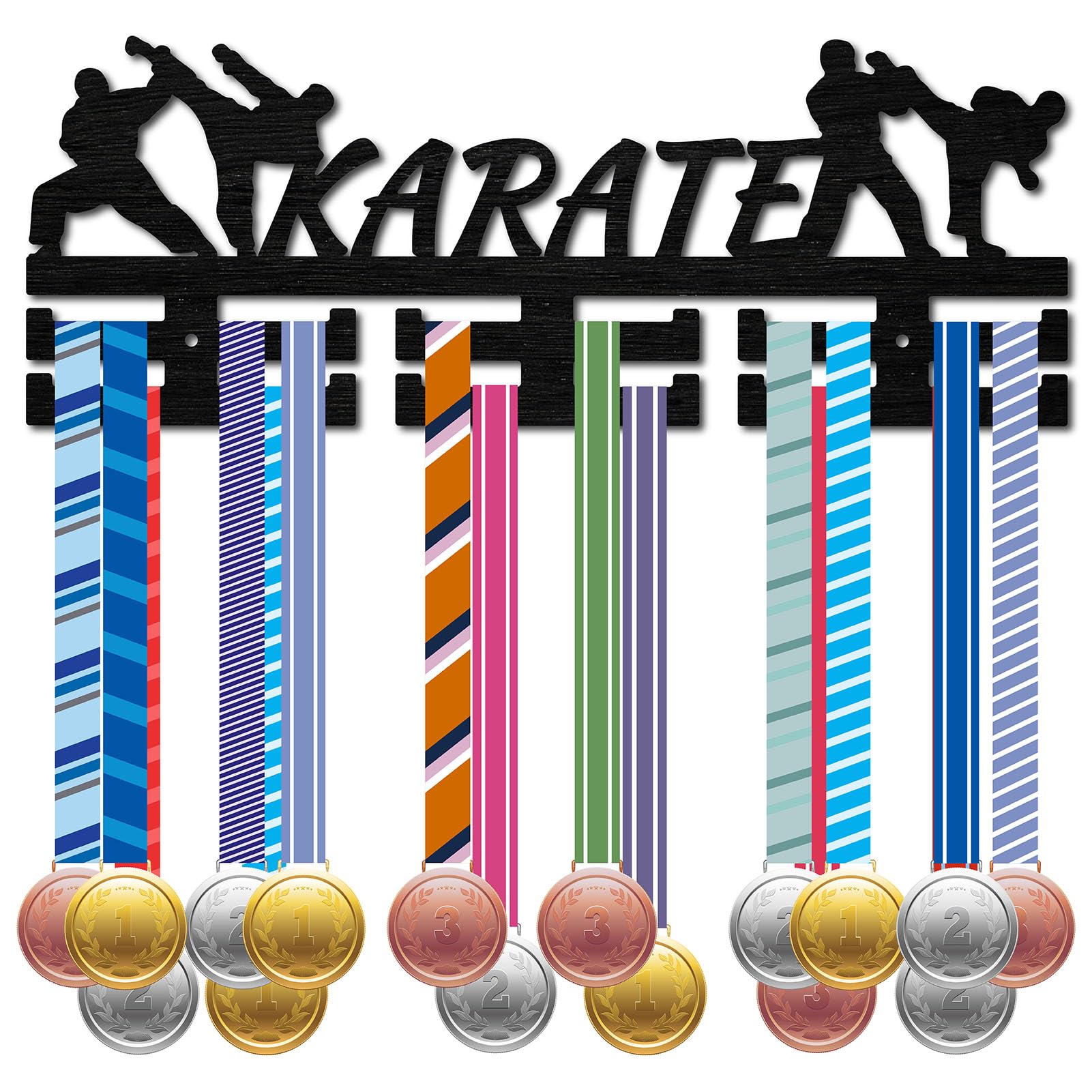 CREATCABIN Soporte Medallas Karate Madera,Colgador Medallasportivas,Estante Medallas,Estante Pared Montado sobre 30 Medalla,Soporte Cinta,Trofeo,Estrella para Atletas Competición,Medallista 40x15cm