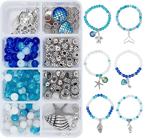 SUNNYCLUE 1 caja de 270 piezas de kit de fabricación de pulseras con tema oceánico, cuentas de cristal coloridas de 0.236 in, tortugas, sirenas,