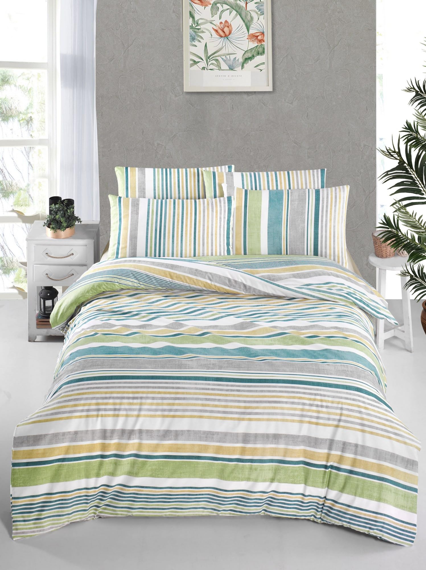 Nuit Des Rêves Ranforce King Quilt Cover Set, 200 x 220 cm, 100% Cotton, 145 Thread Count, Machine Washable, Envelope & Button Closure, White/Green/Grey/Yellow