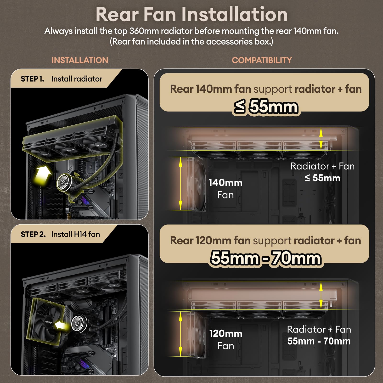 Okinos Air Cross, oryginalne etui ATX z drewna orzechowego, wentylator PWM 3 × 140 mm i wstępnie zainstalowany wentylator PWM 2 x 120 mm, panele siatkowe zoptymalizowane pod kątem przepływu powietrza