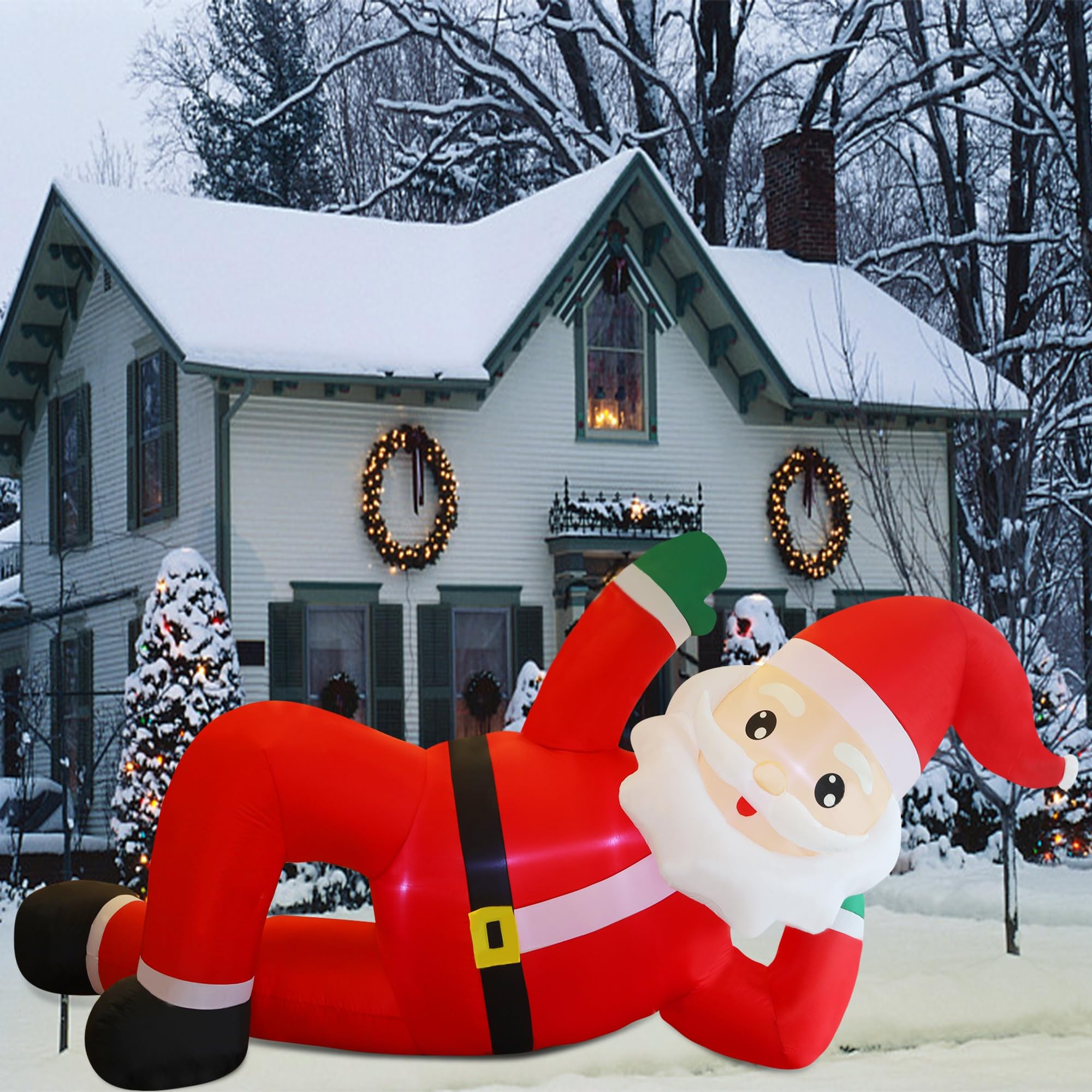 Juegoal Decoraciones inflables de Navidad al aire libre, Papá Noel inflable de 12 pies de largo, Papá Noel gigante iluminado con luces LED integradas, decoración de jardín