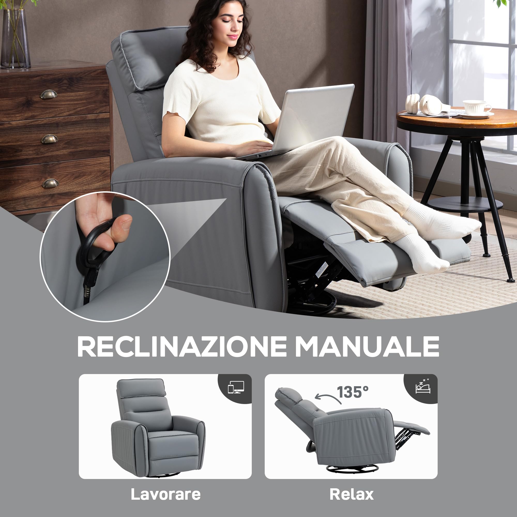 HOMCOM Poltrona Relax Reclinabile Manuale 135° con Poggiapiedi, Grigio | Seduta Ampia, Poltroncina Reclinabile Imbottita Girevole con Dondolo, Tessuto Effetto Pelle Traspirante, Salotto Soggiorno