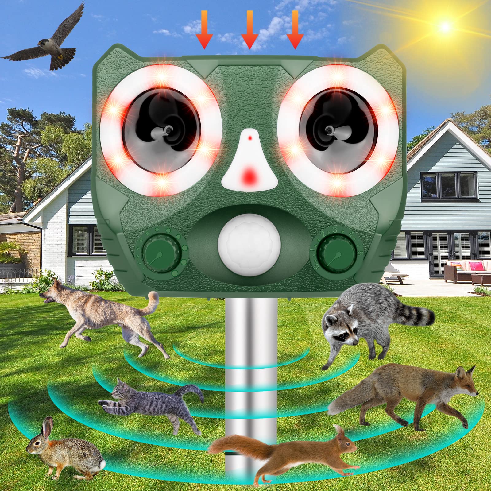 Solar Powered Ultrasonic Animal Repellent, 2024 New Ultrasonic Animal Repeller Outdoor, Waterproof Cat Deterrent Outdoor Dog Repellent, Animal Deterrent Devices Repel Fox, Rabbit, Raccoon, Deer, Skunk