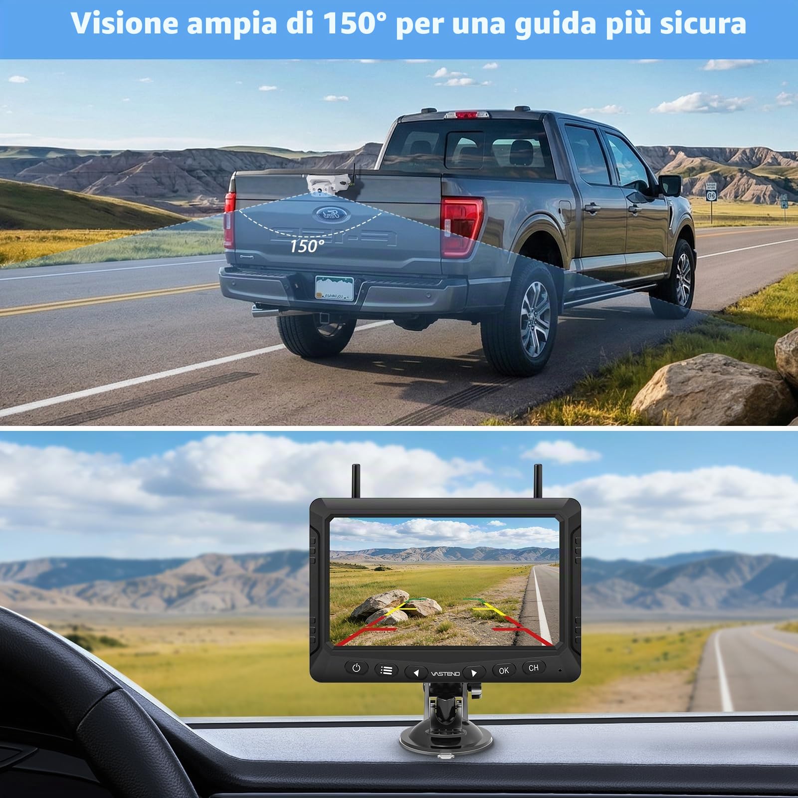 Telecamera Retromarcia Wireless Solare con Monitor 7", Sistema di Retromarcia Digitale HD 1080P, Batteria 10000mAh & Attacco Magnetico, IP69K Impermeabile per Camper, Camion, Rimorchio