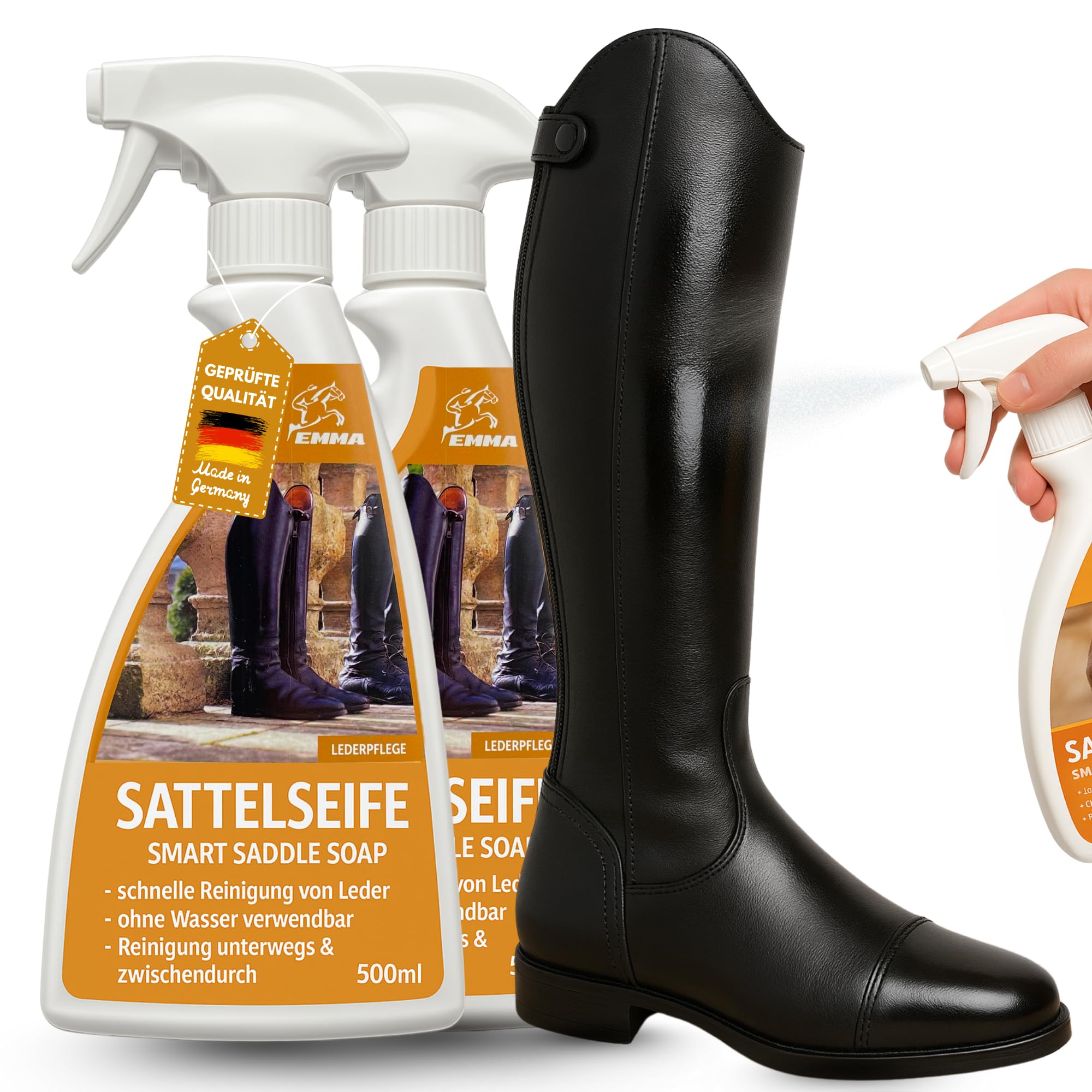 EMMA Jabón para sillas de Montar I Spray para el Cuidado del Cuero I Grasa incolora I Bálsamo I Limpiador I Cuidado del Calzado de la Silla de Montar I Cuidado de Las herraduras del Caballo 2 * 500m
