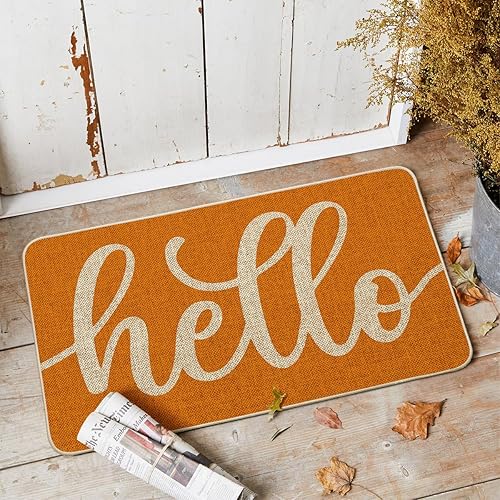 Miniatura 4 de Artoid Mode Felpudo naranja con texto en inglés "Hello Fall", decoración otoñal del hogar, tapete de bajo perfil, tapete para puerta de interior y