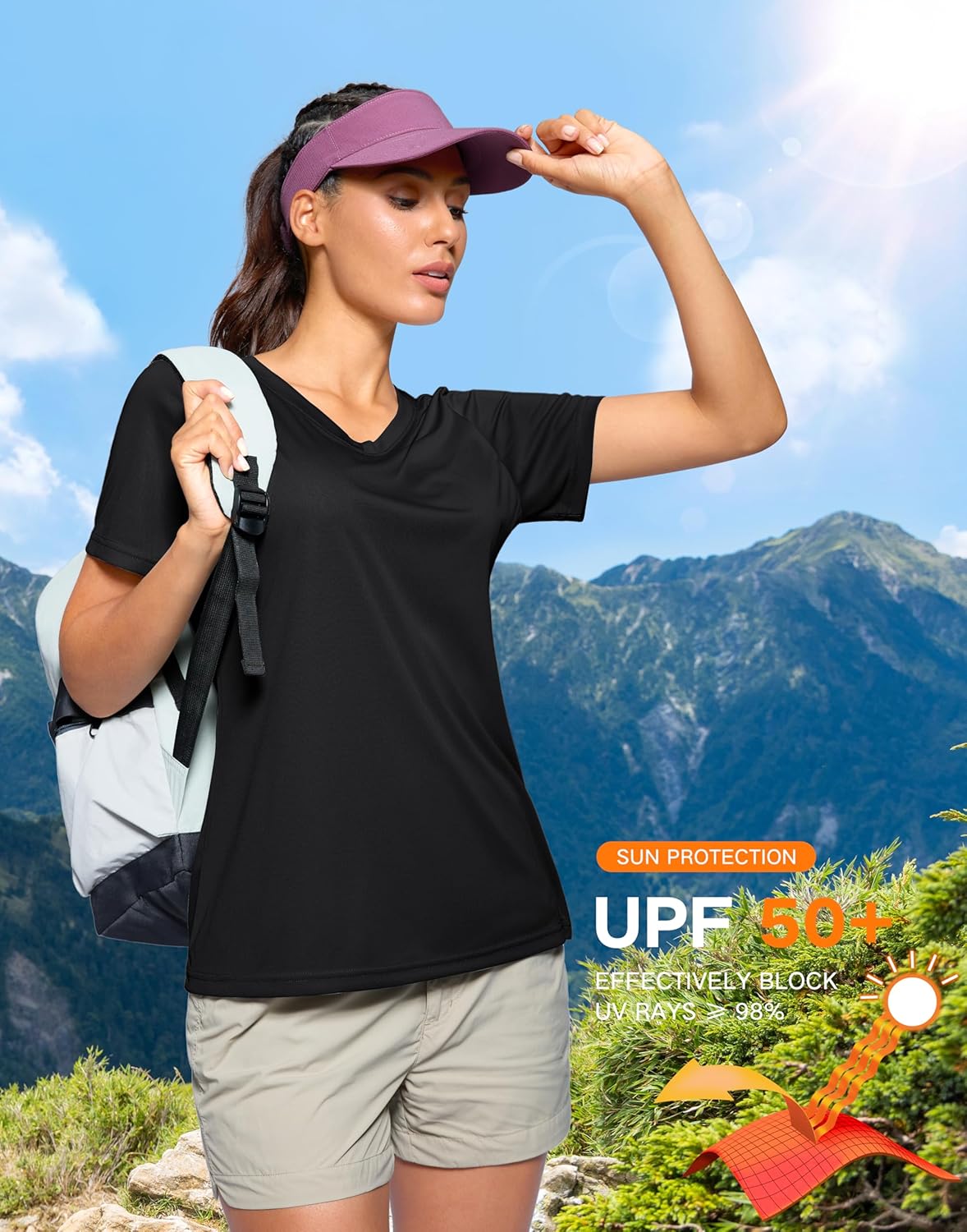 SANTINY Women's V Neck Short Sleeve Shirts Uv Protectioin Moisture Wicking Hiking Workout Athletic T Shirts for Women - Image 3
