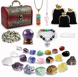 Healing Crystals Set, 28 Pcs Real Crystals and Healing Stones Kit, Energy Crystals for Beginners Meditation Yoga, 14 Natural Tumbled Crystals and 7 Raw Chakra Stones, Crystal Ball, Pendulum, Selenite