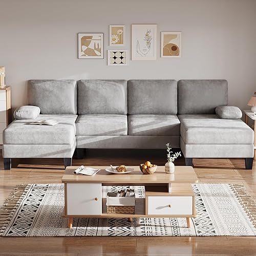 Bezseller Sofá modular en forma de U de 107.3 pulgadas con cojín y tela de chenilla, cómodos juegos de muebles de 4 asientos con diván doble para