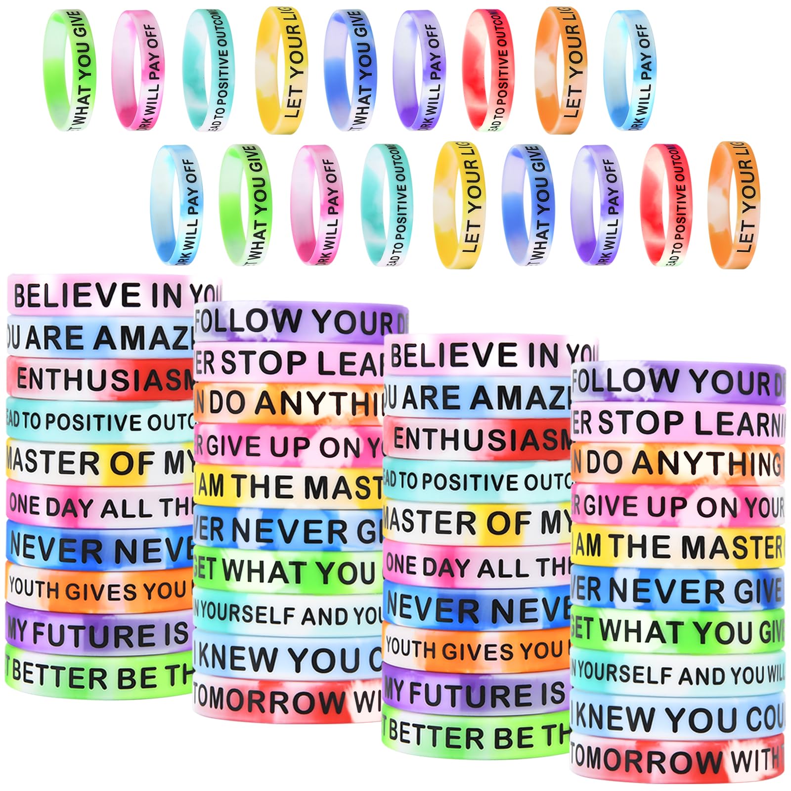 Motivational Quote Silicone Wristbands Colored Inspirational Rubber Bracelets Stretch Unisex Wristbands for Children Teens 20 Styles Swirl