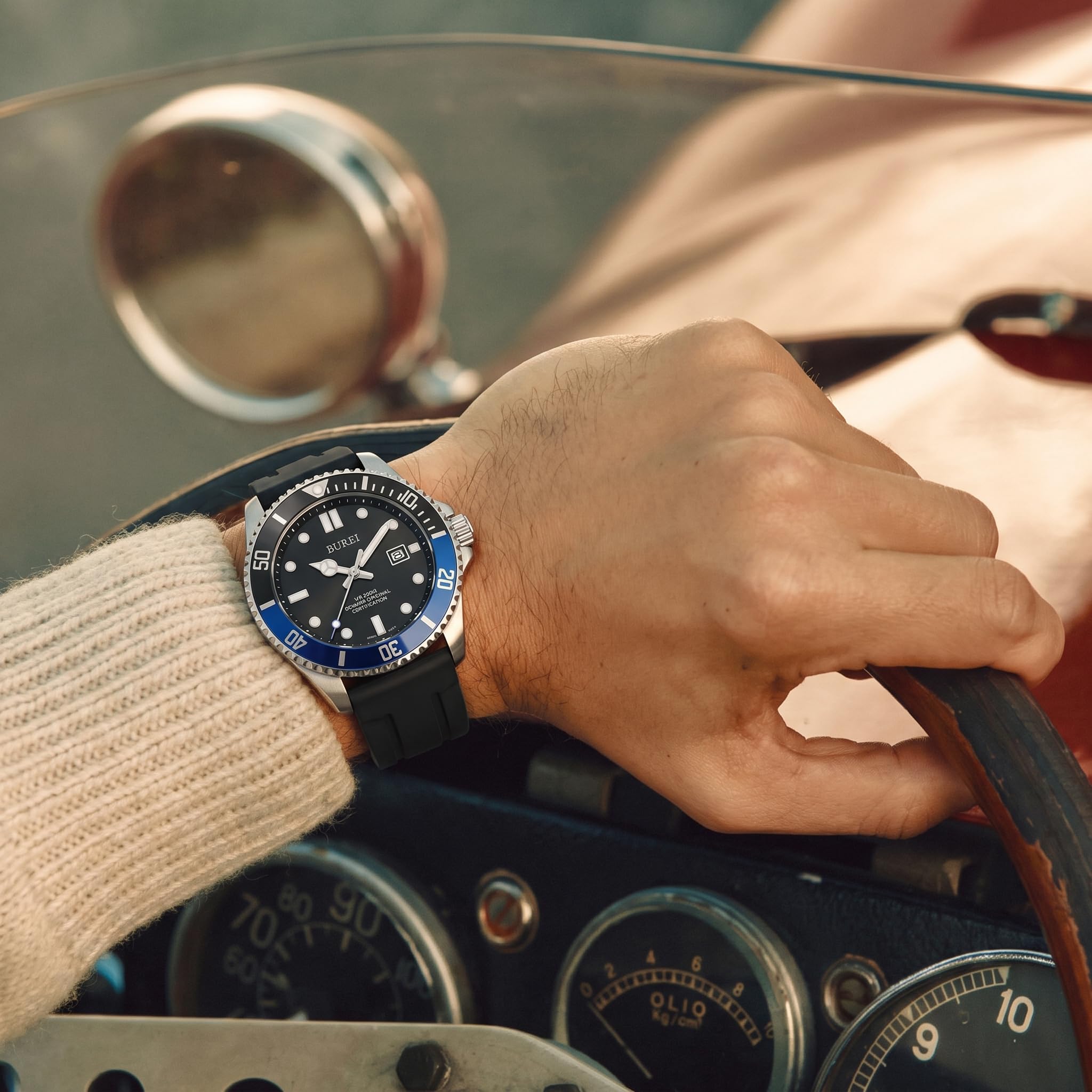 BUREI Orologio subacqueo da uomo, impermeabile fino a 200 m, analogico, al quarzo, in acciaio inox, alla moda, classico, da lavoro, da lavoro, con data automatica