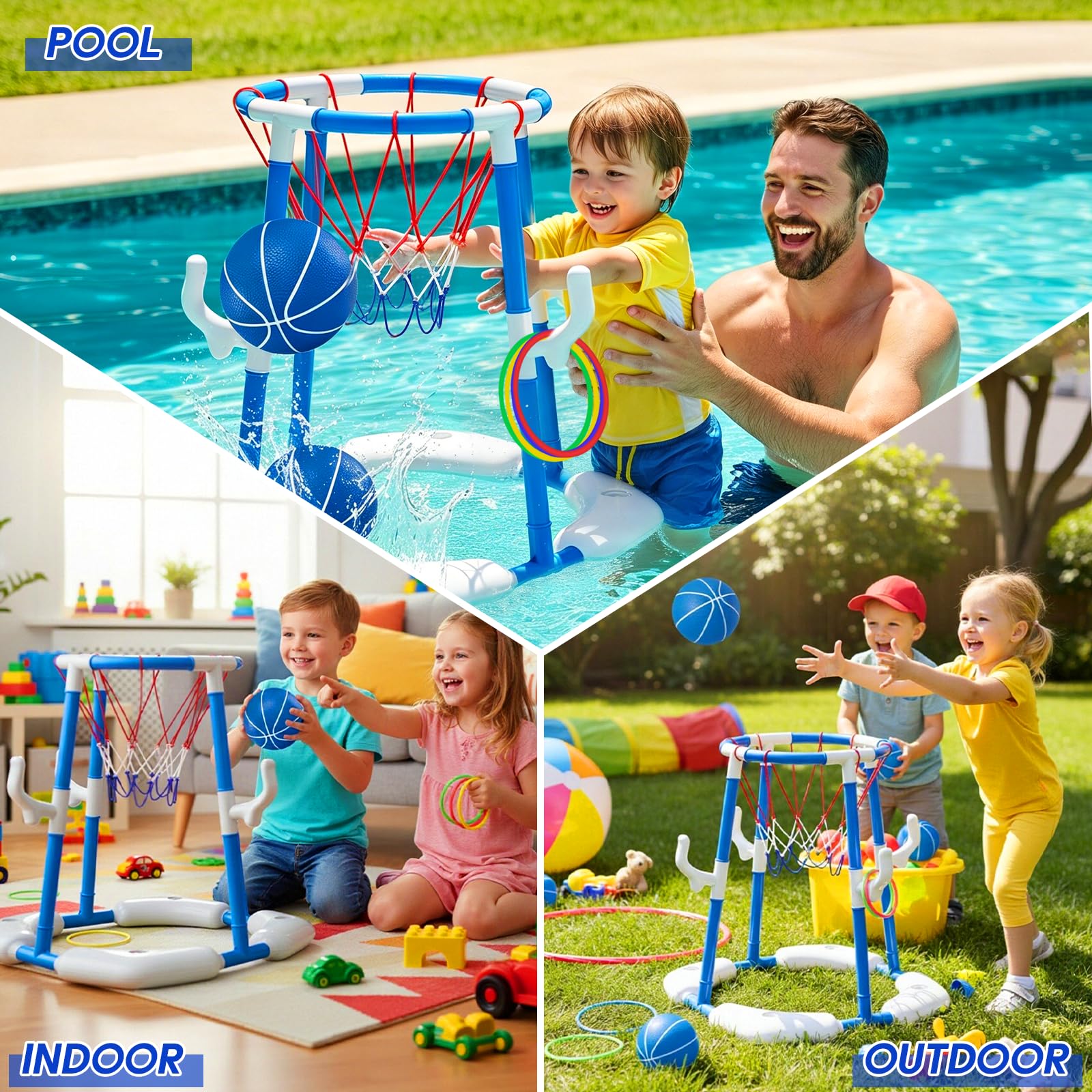 Pool-Basketballkorb für Kinder Wasserspielzeug mit 4 Bällen 12 Ringen Handpumpe