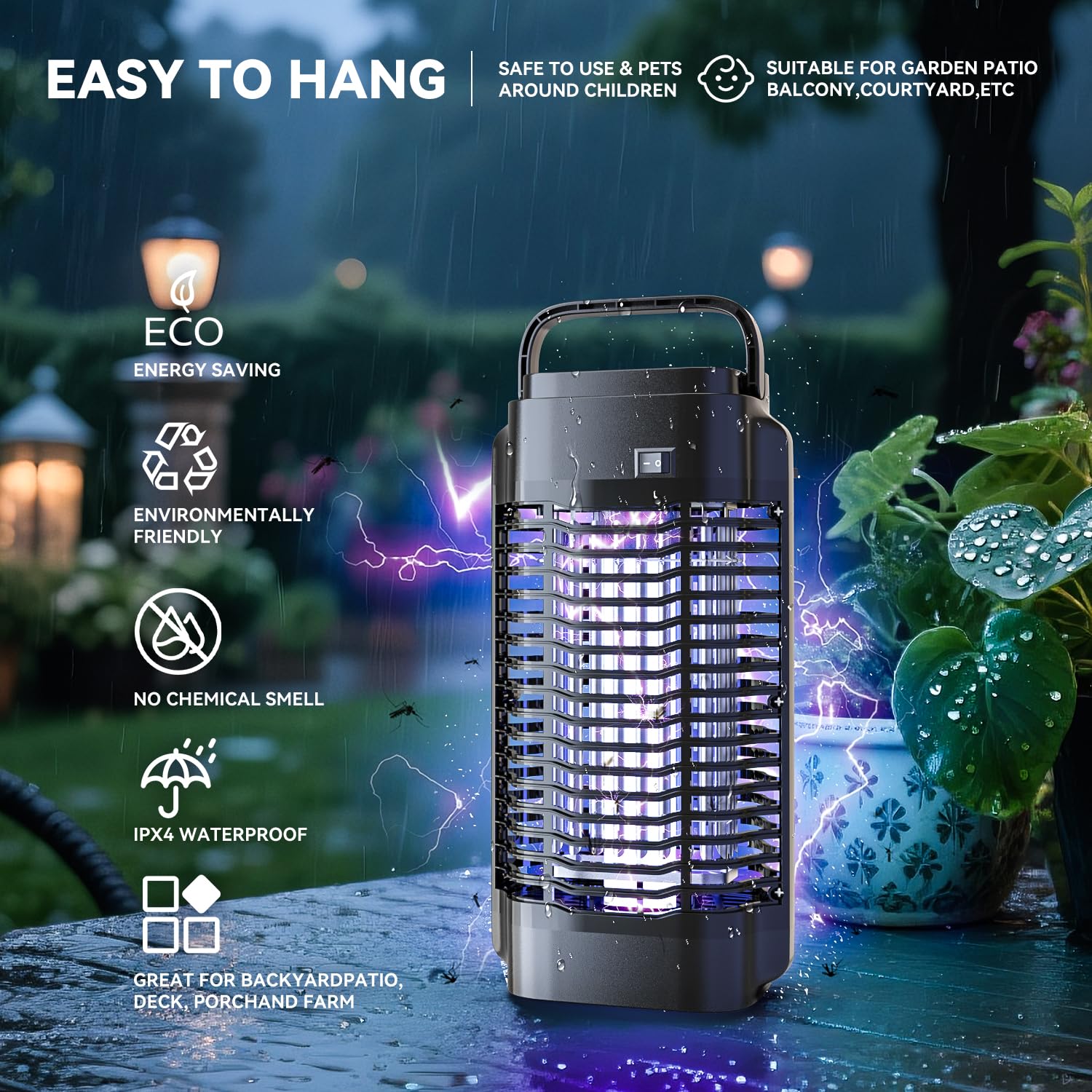 Lampe Anti Moustique Tueur d'Insectes Électrique 4200V Haute Puissance Résistant à l'Eau Intérieur Extérieur
