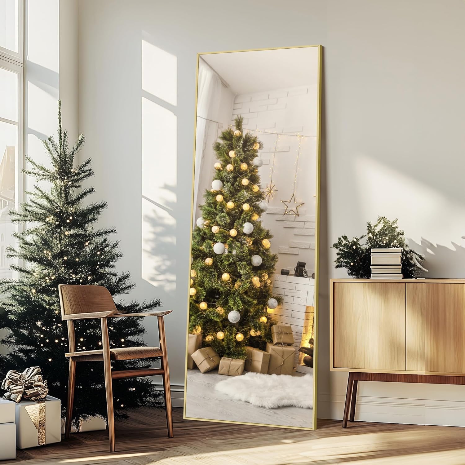 Specchio da Terra, 161 x 52 cm Specchio Rettangolare con Cornice in Alluminio Oro per Bagno, Camera da Letto, Ingresso e Corridoio