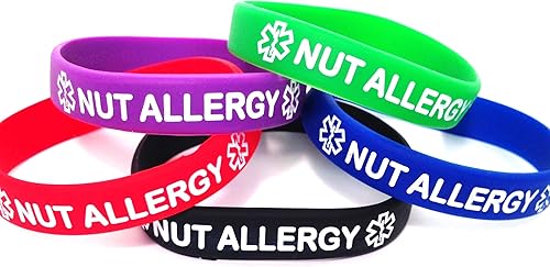 Pulseras y paquetes combinados de pulseras de identificación alérgica a nueces, 5 colores, 4 tamaños, negro, azul, verde, rojo, morado, Silicona, No