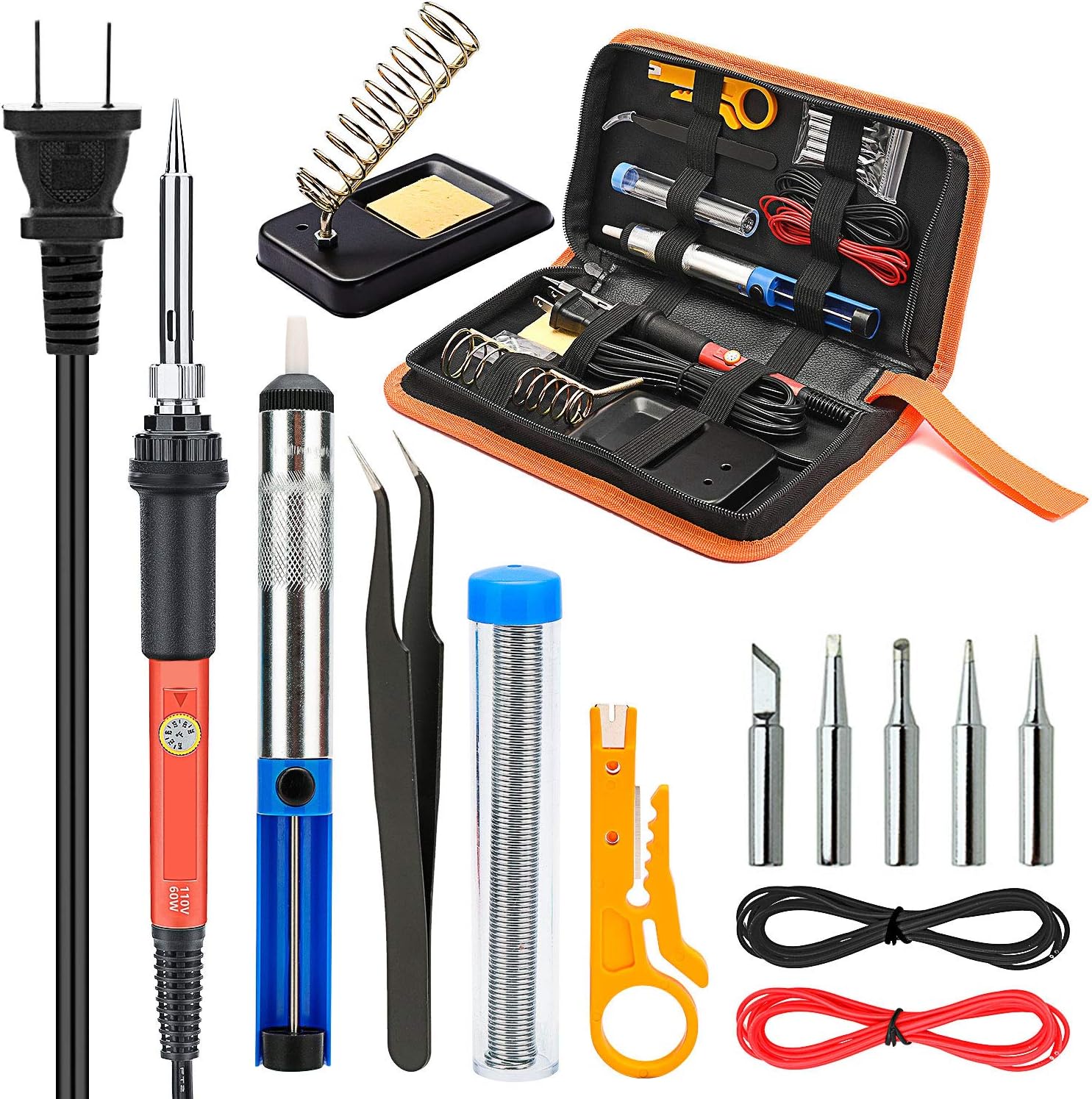 Soldering Iron Kit Electronics, Yome 14-in-1 60w Adjustable Temperature Soldering Iron, 5pcs Soldering Iron Tips, Desoldering Pump, Tweezers, Stand, Solder, PU Carry Bag