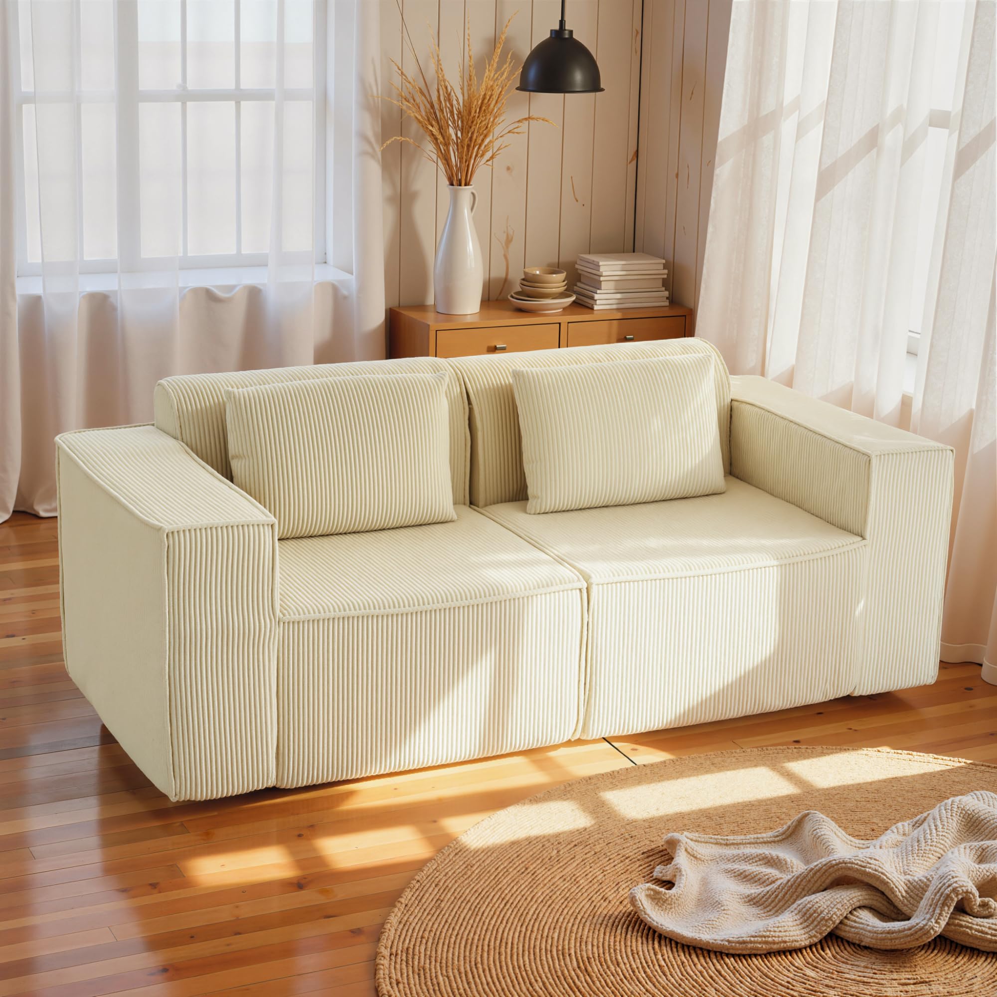 HOMCOM Divano 3 Posti Extra Profondo 65 cm Divanetto Modulare Beige | Senza Struttura, Imbottitura Spessa, Braccioli Larghi, 2 Cuscini, Sofà Moderno in Velluto a Coste, per Salotto e Soggiorno