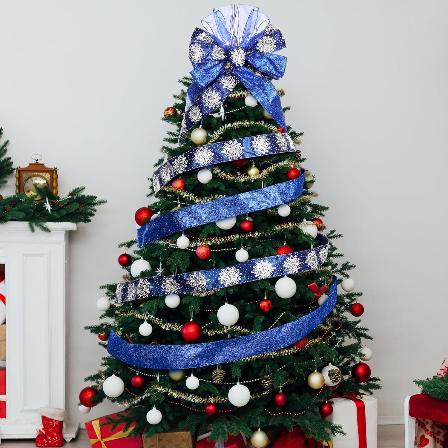 Large Christmas Tree Topper Bow 12.6 X 118 inch Lighted up Christmas Bow with 4 X 3 Yards Ribbon Streamers for Xmas Christmas Tree Decor(Blue)