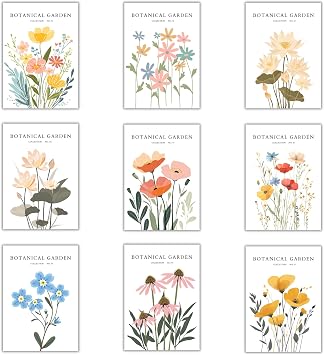 Summit Designs Botanical Garden Wall Art - Set of 9 Floral Prints 8x10 Unframed Botanical Decor Gallery Living Room Bedroom Nursery Wildflower Nature Watercolor Spring