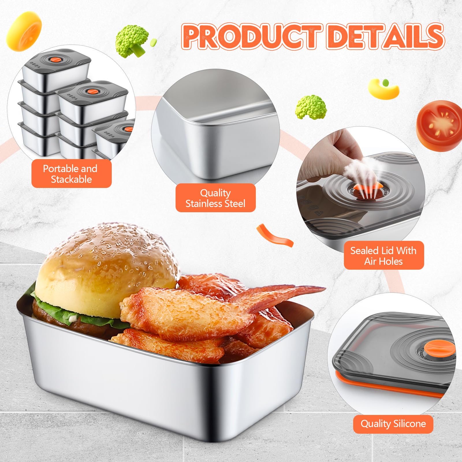 Layhit Juego de 10 recipientes de almacenamiento de alimentos de acero inoxidable de 1000 ml con tapa hermética, contenedor de metal reutilizable para alimentos, carne, marinado, frutas, almuerzo,