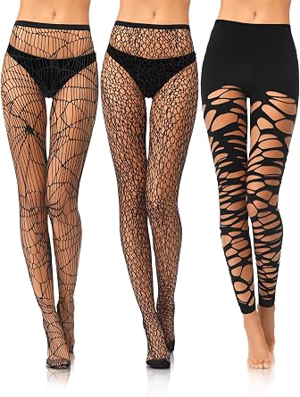 Fourluoo 3 Pairs Fishnet Stockings for Women Black Lace Patterned Tights High Waist Stockings Hole Pantyhose