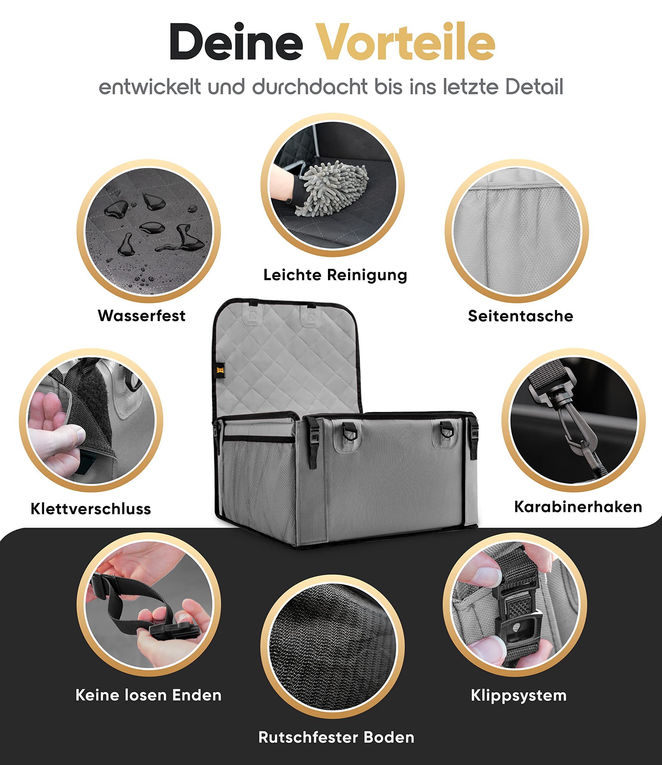 Heldenwerk Seggiolino auto per cani extra robusto Pareti rinforzate e 5 cinghie impermeabile sedile posteriore anteriore grigio misura