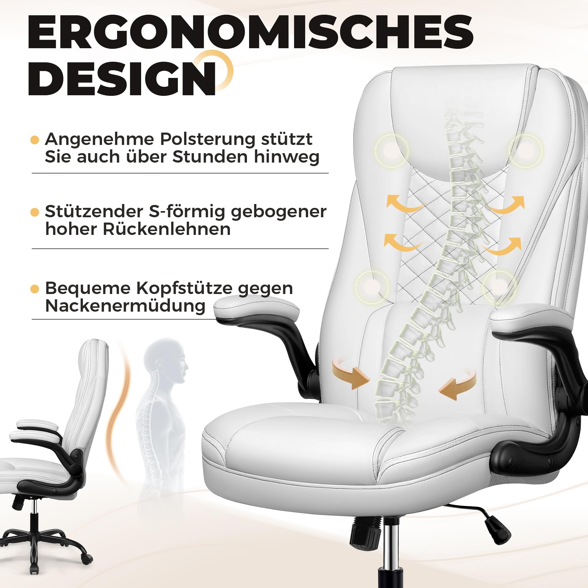 Bürostuhl ergonomischer Chefsessel Schreibtischstuhl Wippfunktion höhenverstellbarer Drehstuhl mit Kopfstütze Armlehnen 150KG, Weiß