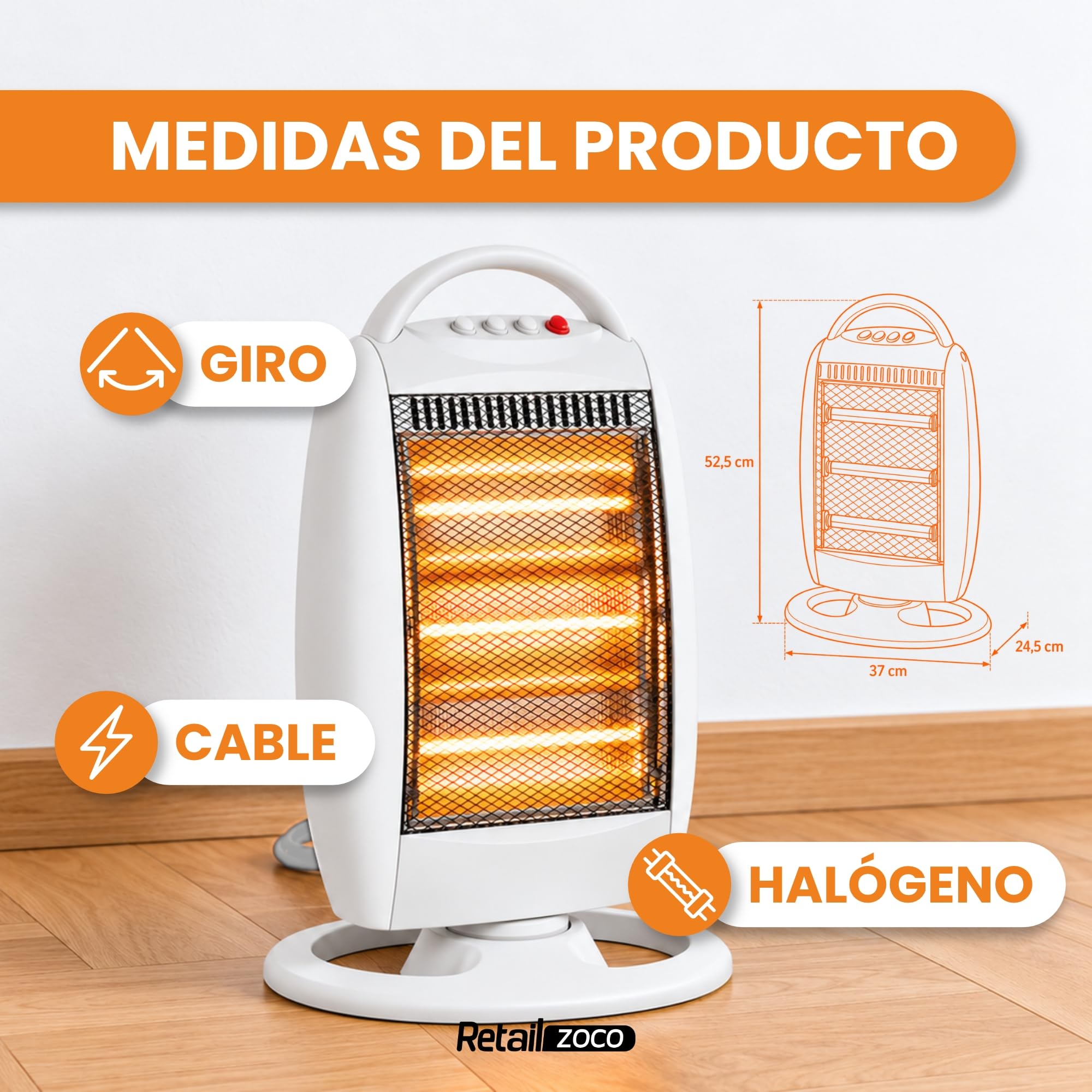 Estufa Halógena Oscilante 400/800/1200 W con Antivuelco y Asa, Blanco - imagen 3