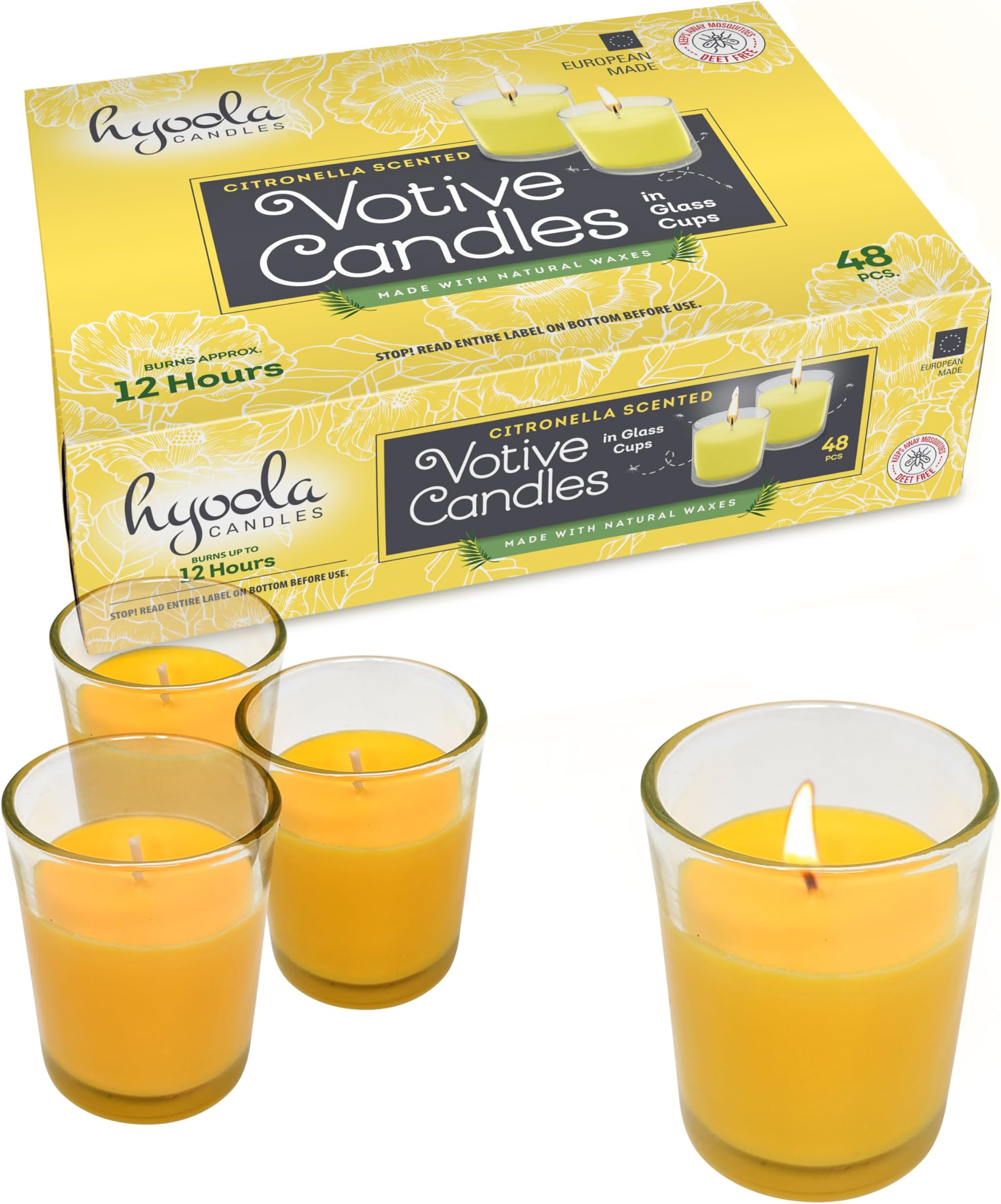Citronella Candle Votives in Glass Cup - 48 Pack - Indoor and Outdoor Decorative and Mosquito, Insect and Bug Repellent Candle - Natural Fresh Scent - 12 Hour Burn Time - Made in Europe