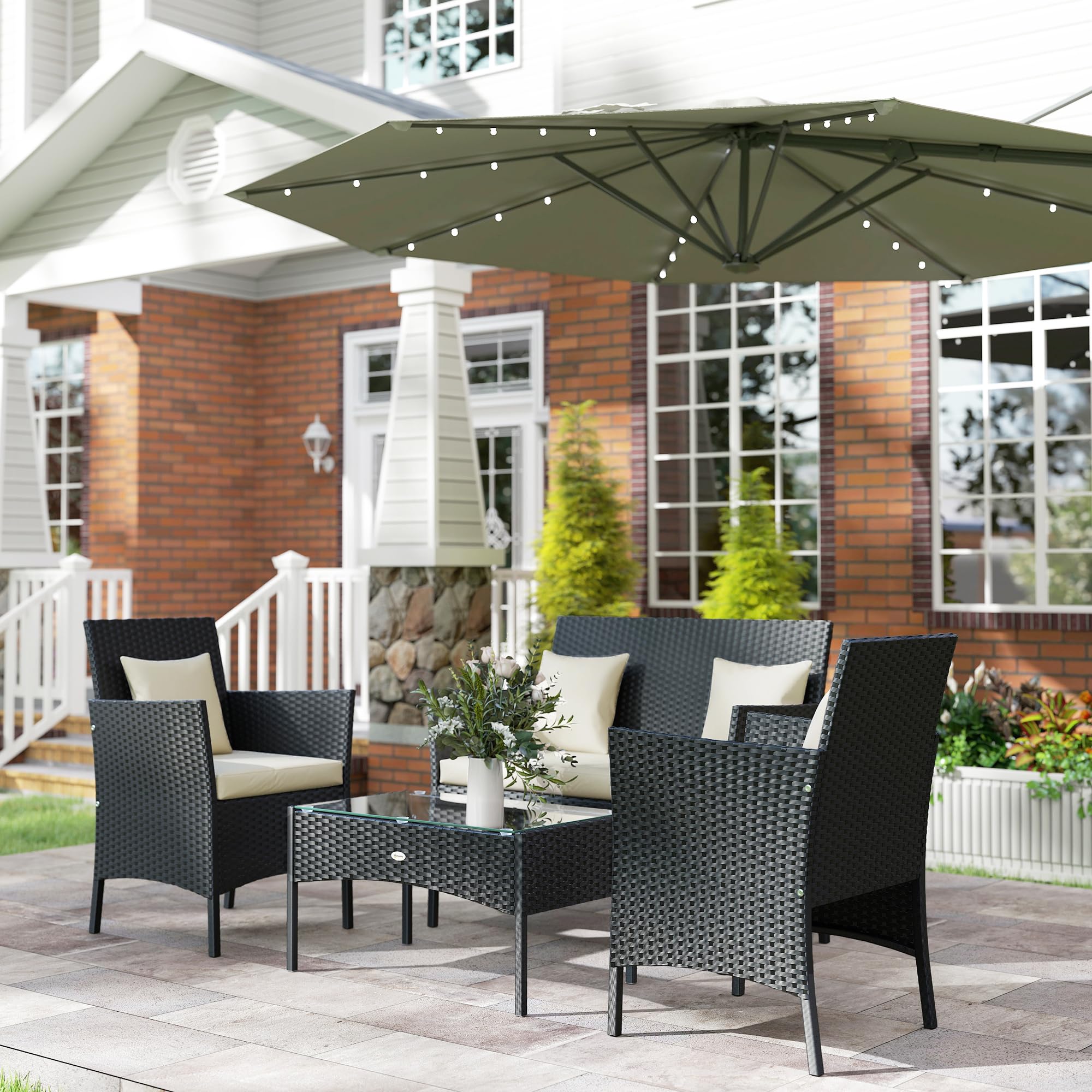 Outsunny Set da Giardino 4 Pezzi in Rattan con Sedie e Tavolino, Nero e Crema