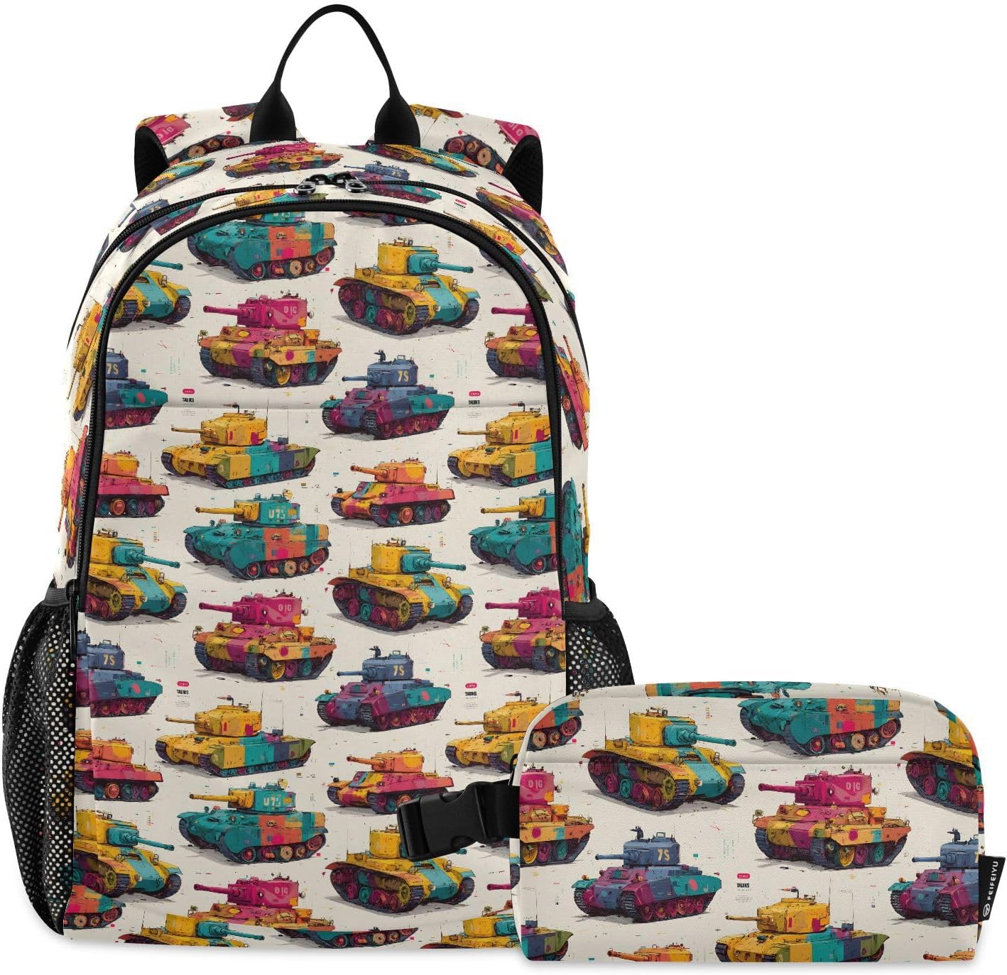 Travel Backpack Lunch Bag Set Anime Tank Print with 15 in Laptop Compartment Lightweight for Work Picnic Hiking