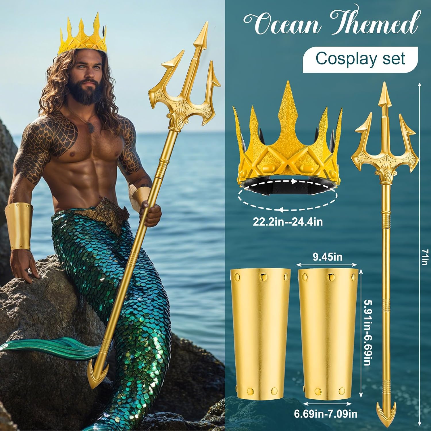 Suncalla 3 Pcs Halloween Neptune Poseidon Costume Accessory 71 Inch Adult Gold Trident Foam Crowns Cosplay Set for Halloween Cosplay