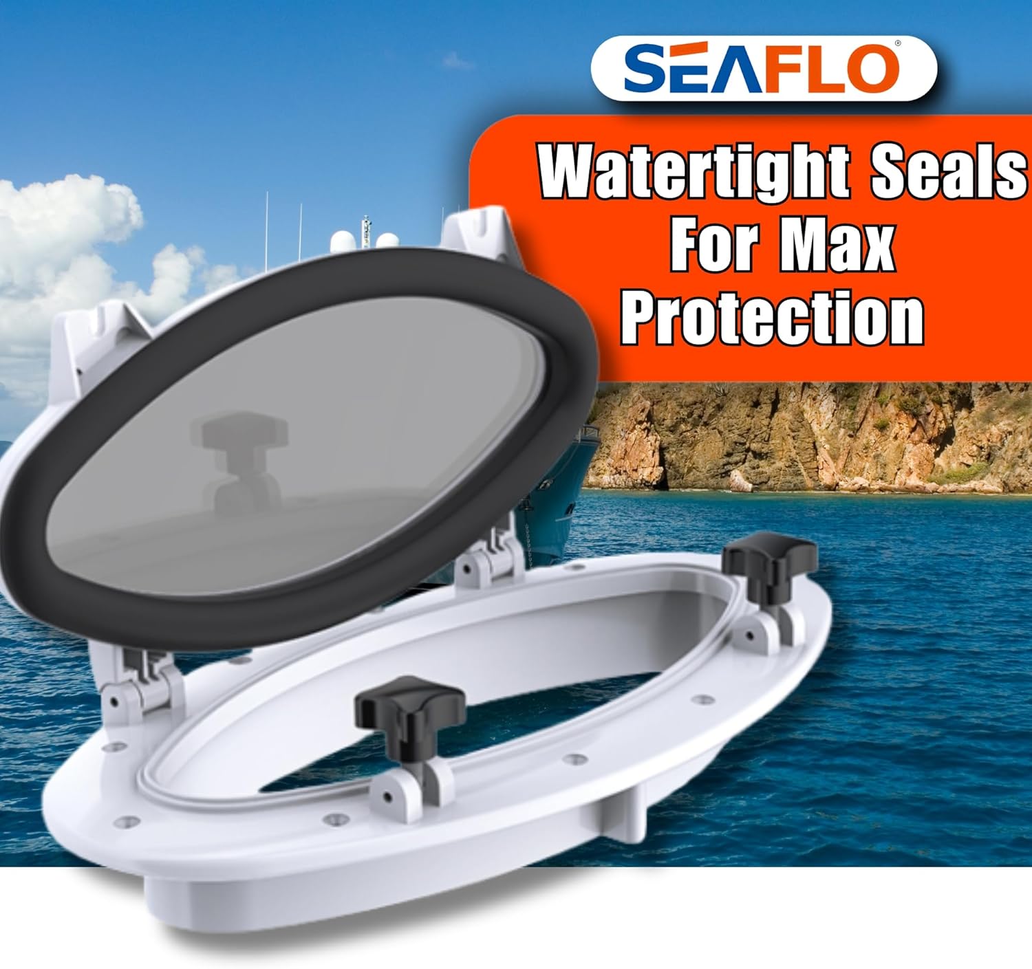 SEAFLO 16.1" x 8.6" Elliptical Oval Porthole Portlight Window - ABS Plastic & Tempered Glass, White, for Boat, Yacht, and Marine Applications