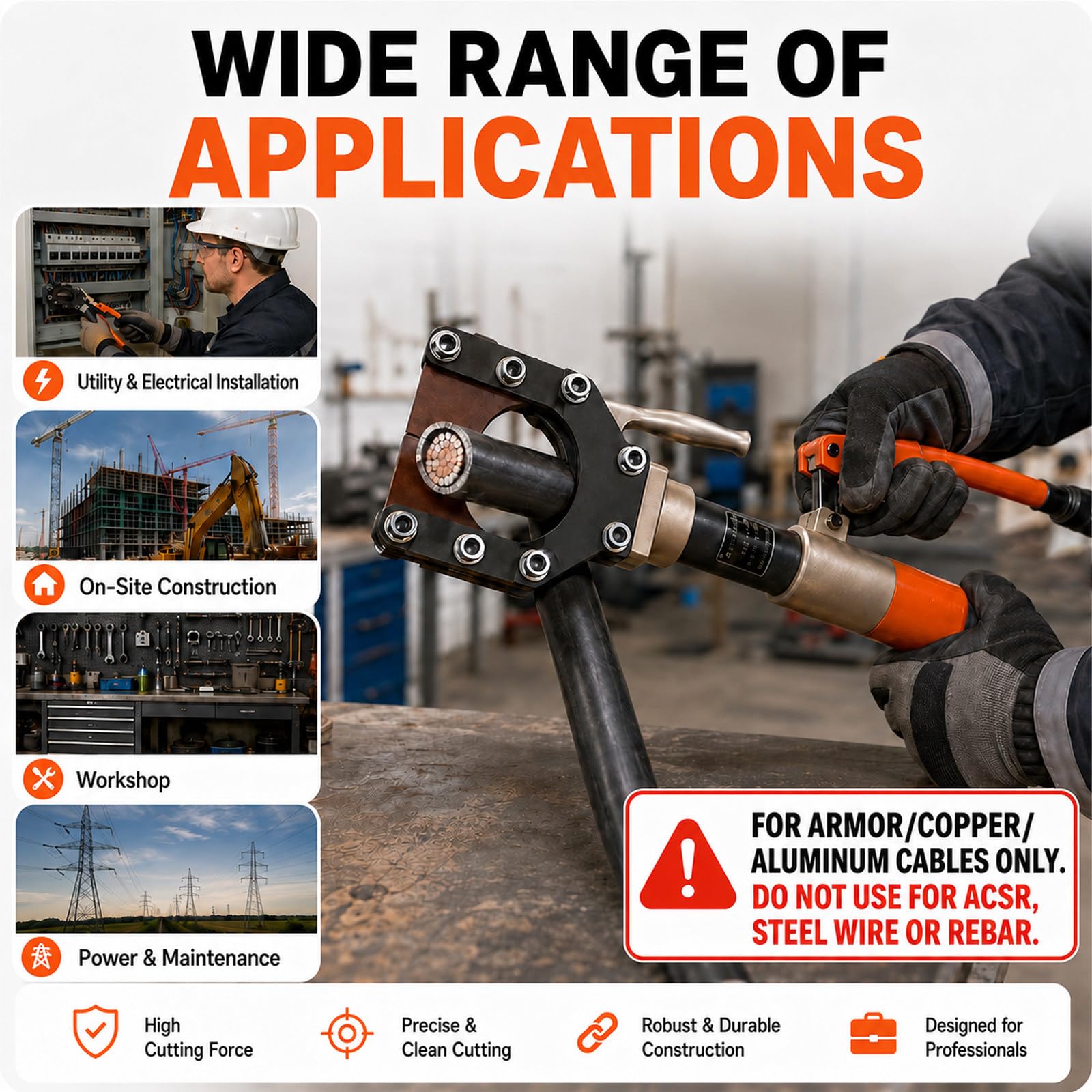 Cortacables Hidráulico Manual para Electricistas CPC50mm | Fuerza de 7T a 10T y cuchilla de aleación, filo duradero para larga vida útil, para cobre y aluminio no acero ni ACSR