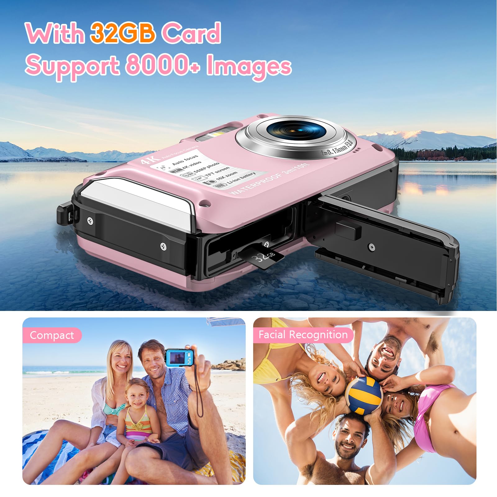 Appareil Photo Numérique Etanche Yixinxin 10FT étanche 4K vidéo 56MP Autofocus 16X Zoom Numérique pour la Plongée en Apnée avec Carte 32GB Rose Bonbon