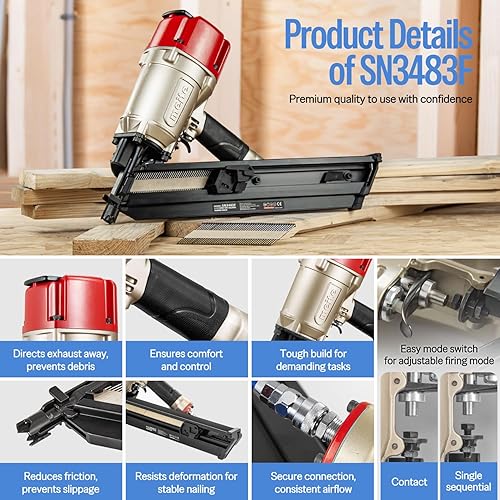 Miniatura 5 de meite La clavadora neumática SN3483F acepta 2 pulgadas hasta 3-14 pulgadas con clavos de encuadre de papel en ángulo de 30 grados