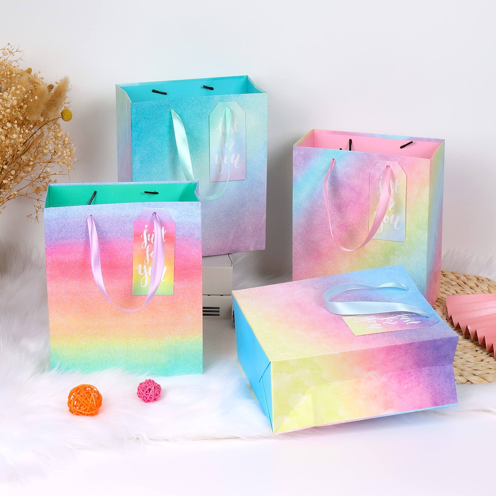 OLDASTUDY Geschenktüten, mittelgroß, mit Griffen, glitzernd, bunte Papiertüten mit Seidenpapier für Shopping, Partys, Weihnachten, Babypartys, Muttertag, 17,8 x 10,2 x 22,9 cm, 4 Stück