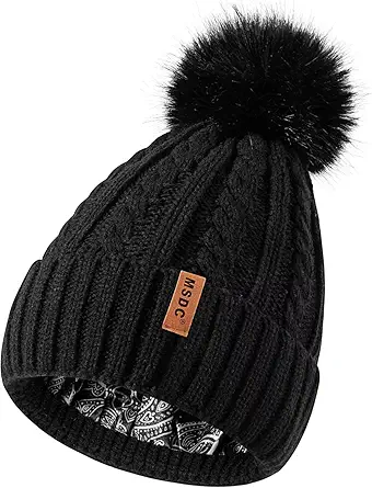 Satin Lined Beanie for Women with Pom Pom, Warm Womens Winter Hats with Silk Lined, Fashionable Knit Beanie Skull Cap