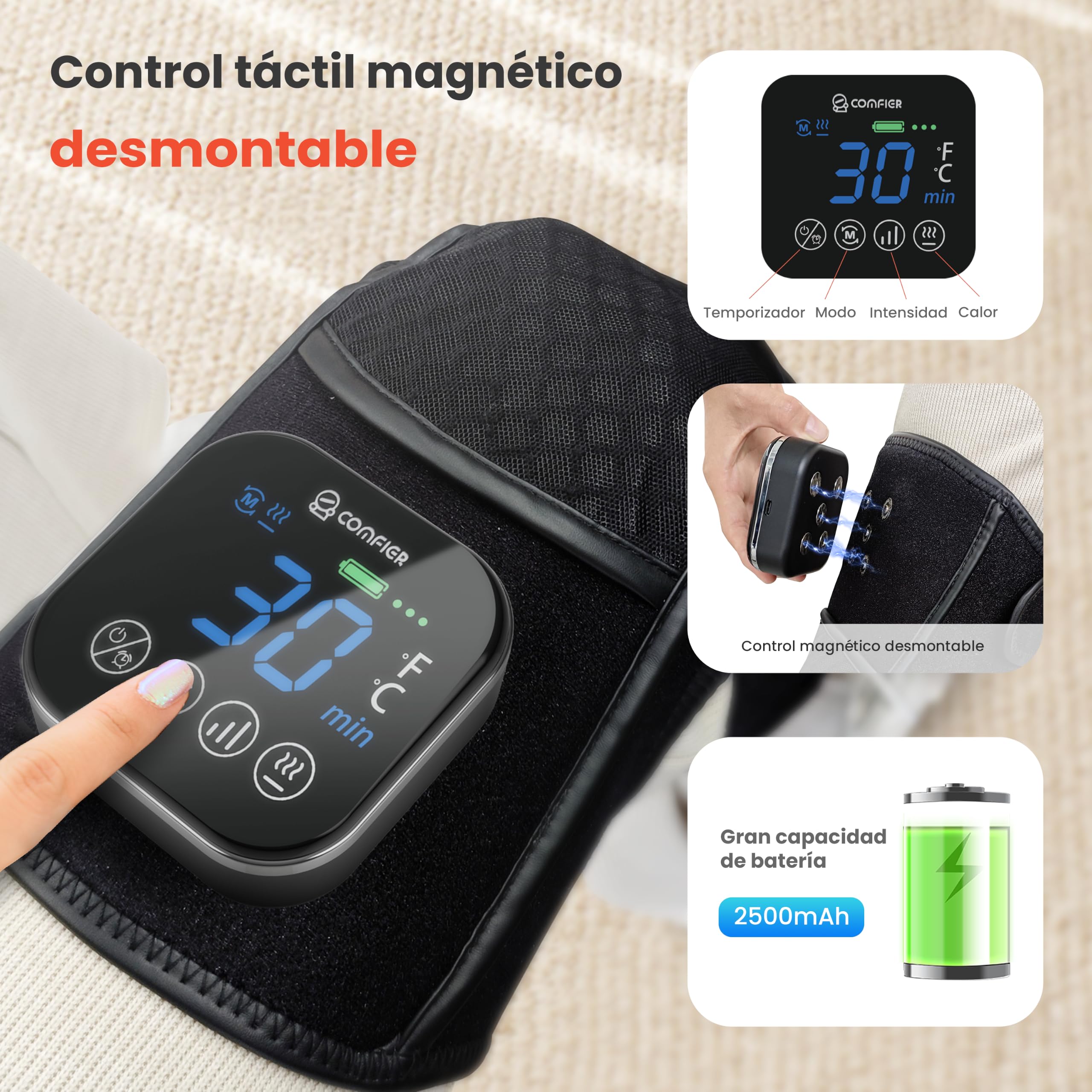 COMFIER Masajeador inalámbrico para rodillas, envoltura de rodilla calentada con vibración, 4 niveles de calefacción de grafeno, regalos para mamá papá