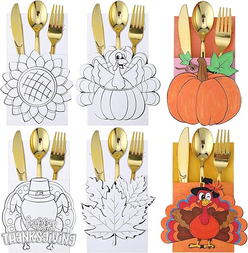 Miniatura 1 de Cholemy Juego de 36 piezas de cubiertos de Acción de Gracias para colorear tu propio juego de cubiertos de Acción de Gracias, manualidades de otoño,