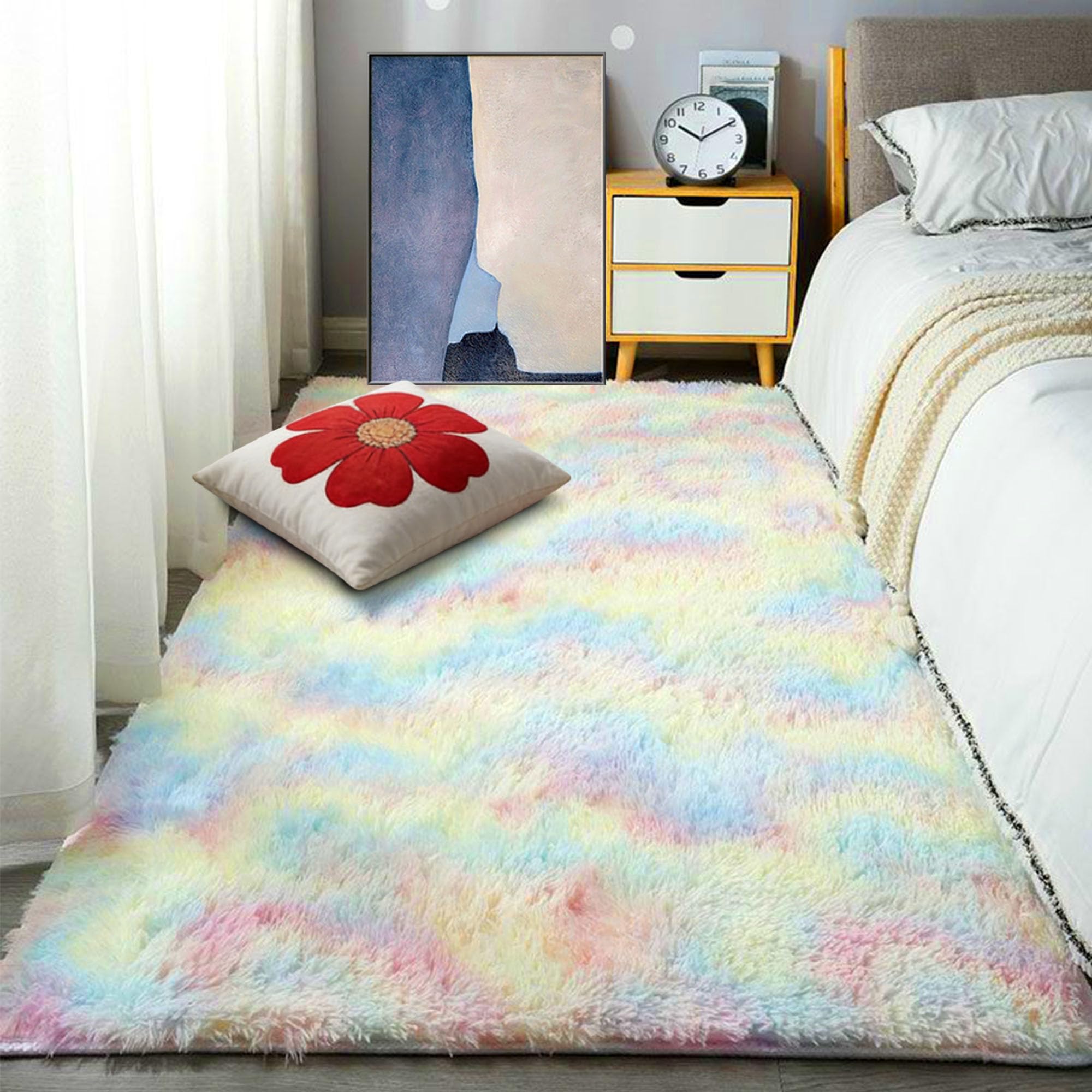 Tapis de salon moelleux à poils longs 160x180cm, moquette de chambre pépinière lavable