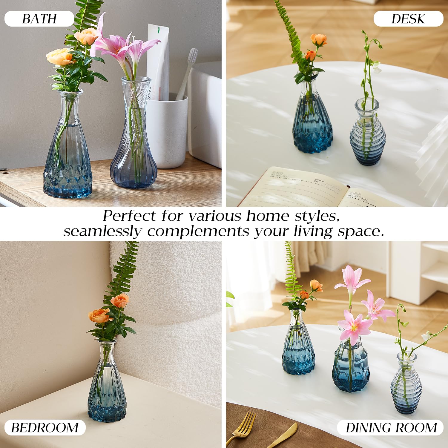 Juego de 60 jarrones de cristal para flores a granel, jarrones de cristal vintage surtidos para flores, centros de mesa (azul, 60 piezas)