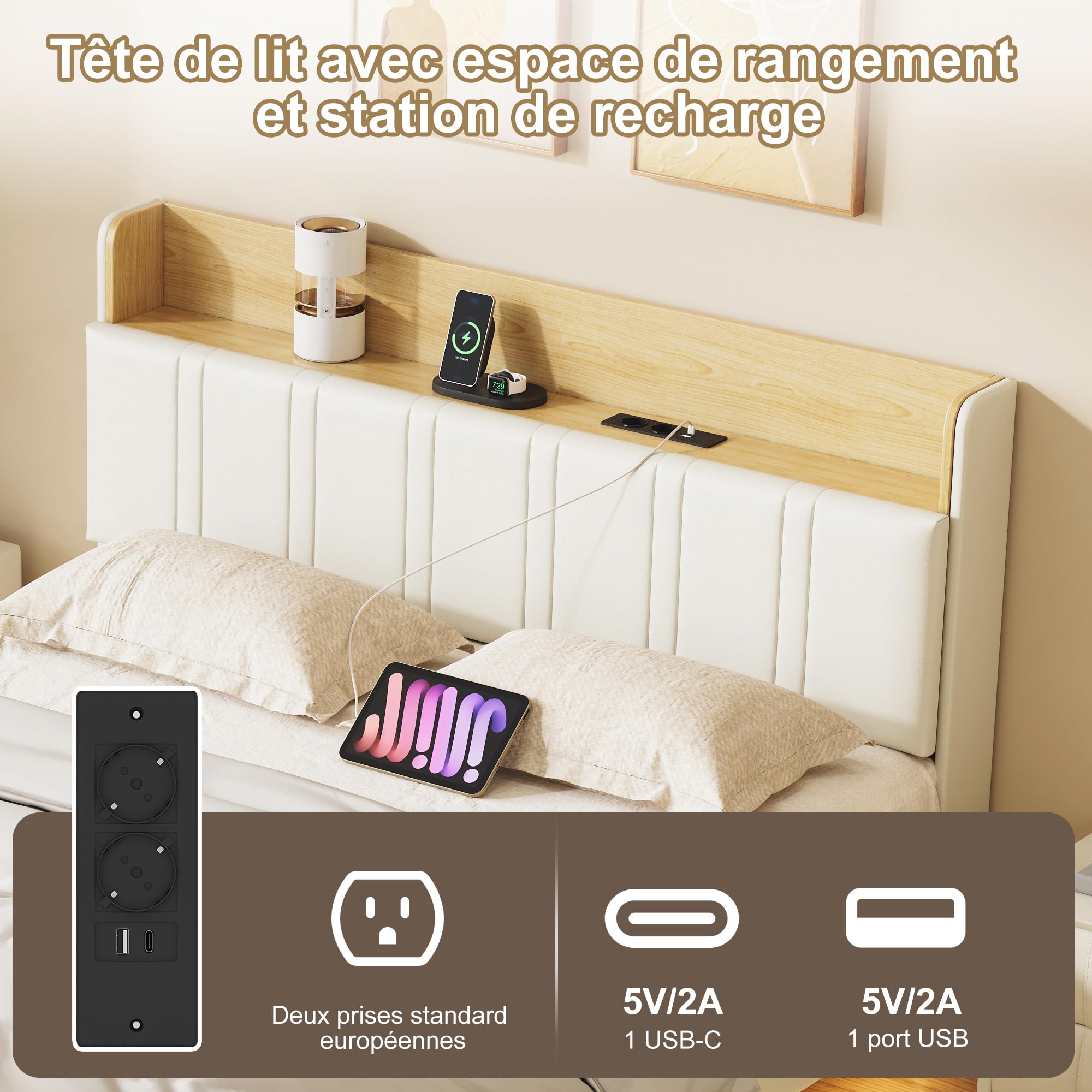 Lit Coffre 160x200 avec Sommier,Cadre de Lit avec Éclairage LED et Charge USB,Lits 2 Personnes avec Rangement de Tête de lit,lit Double 160x200 avec Cadre Flottant,PU, Blanc(sans Matelas)