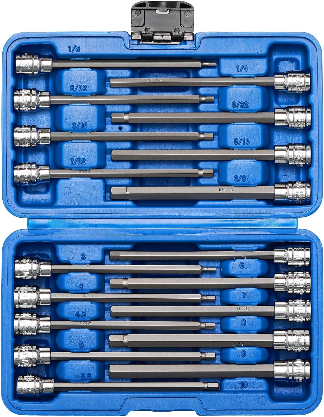 AIRTOON 3/8 Inch Drive Extra Long Allen Hex Bit Socket Set, 18-Piece (1/8 Inch - 3/8 Inch, 3mm - 10mm), SAE & Metric, S2 Steel Bits, CR-V Sockets
